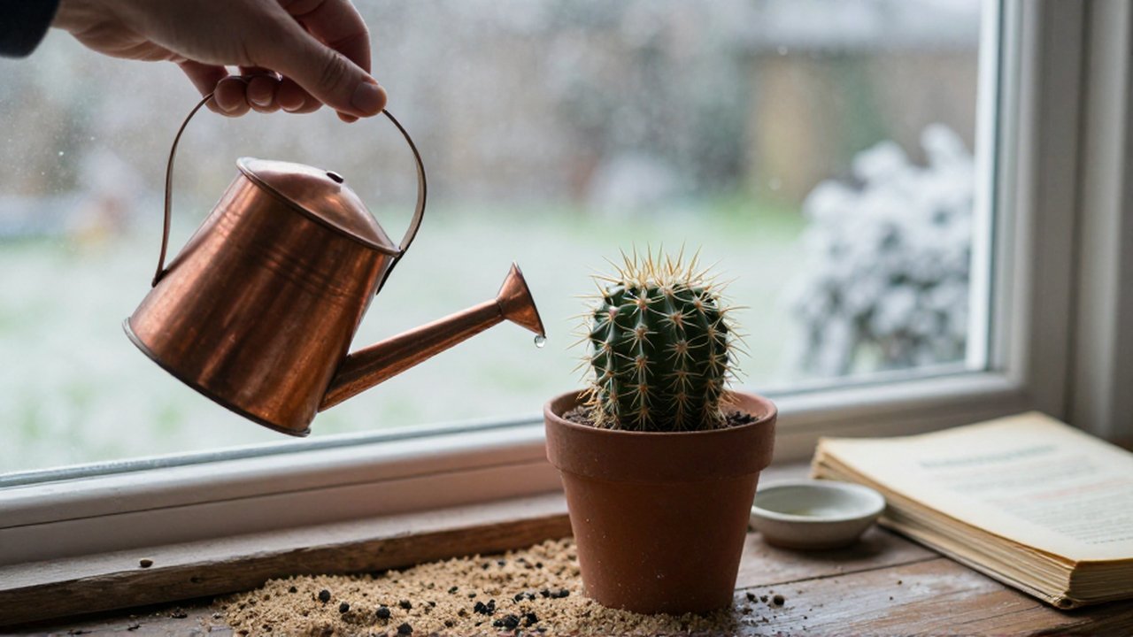 Una mano riega con precisión un cactus en un alféizar de madera durante una mañana invernal.