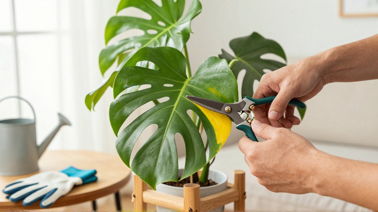 Manos de jardinero podando con precisión una hoja de una Monstera deliciosa en un salón iluminado.