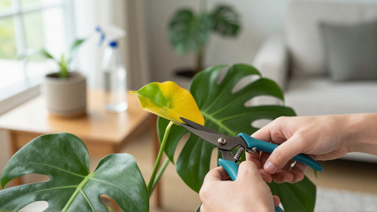 Manos recortando una hoja amarillenta de una Monstera deliciosa con tijeras de podar en un interior luminoso.
