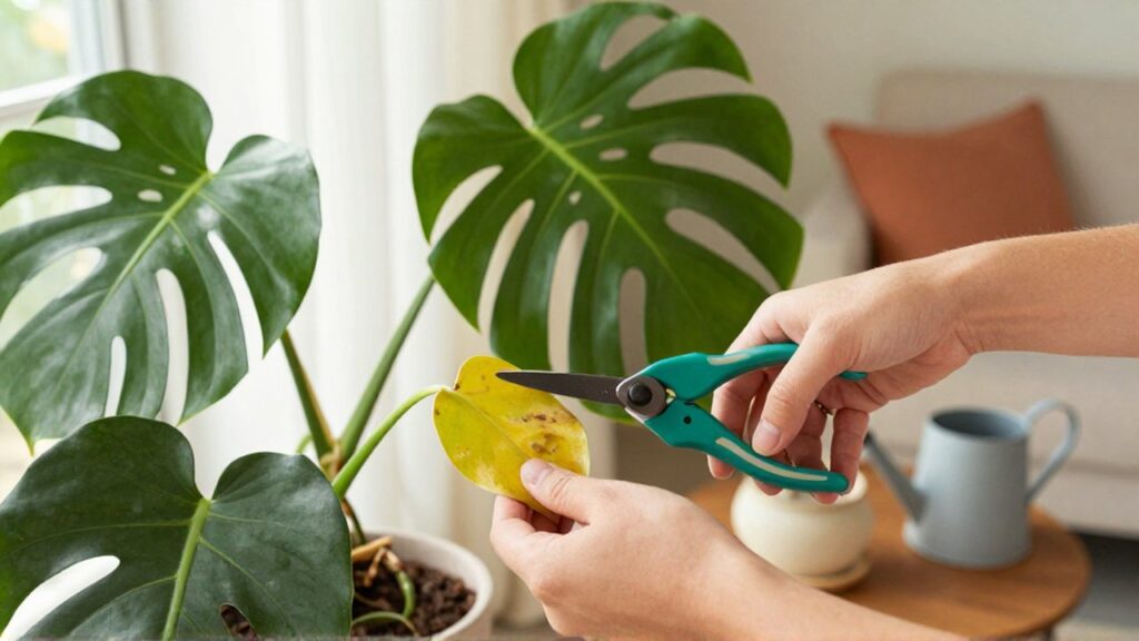 Manos recortando hojas secas de una planta Monstera en una sala luminosa y acogedora.