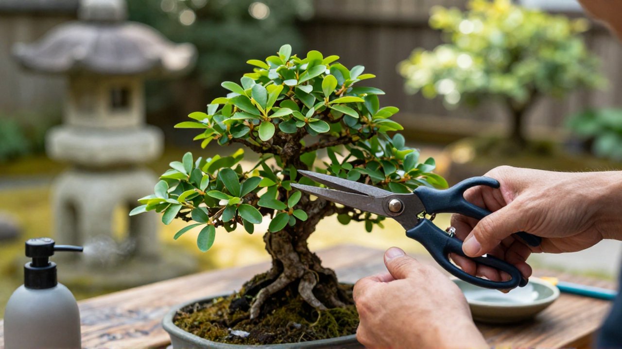 Manos de un jardinero podando cuidadosamente las ramas de un bonsái en un jardín zen.