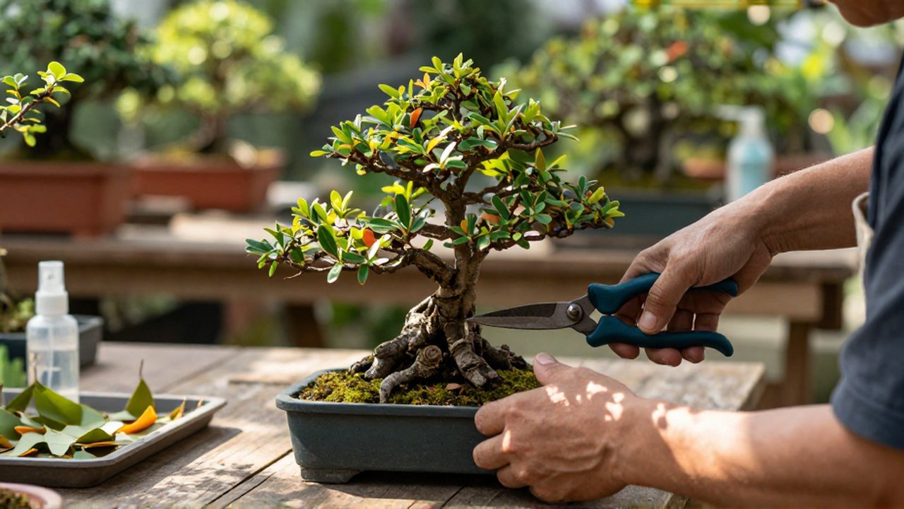 Manos de un jardinero podando con precisión las ramas de un bonsái sobre un banco de madera.