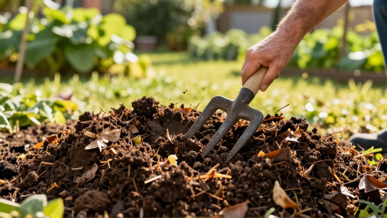 Unas manos usan una horca para airear y mezclar compost orgánico en un jardín soleado.