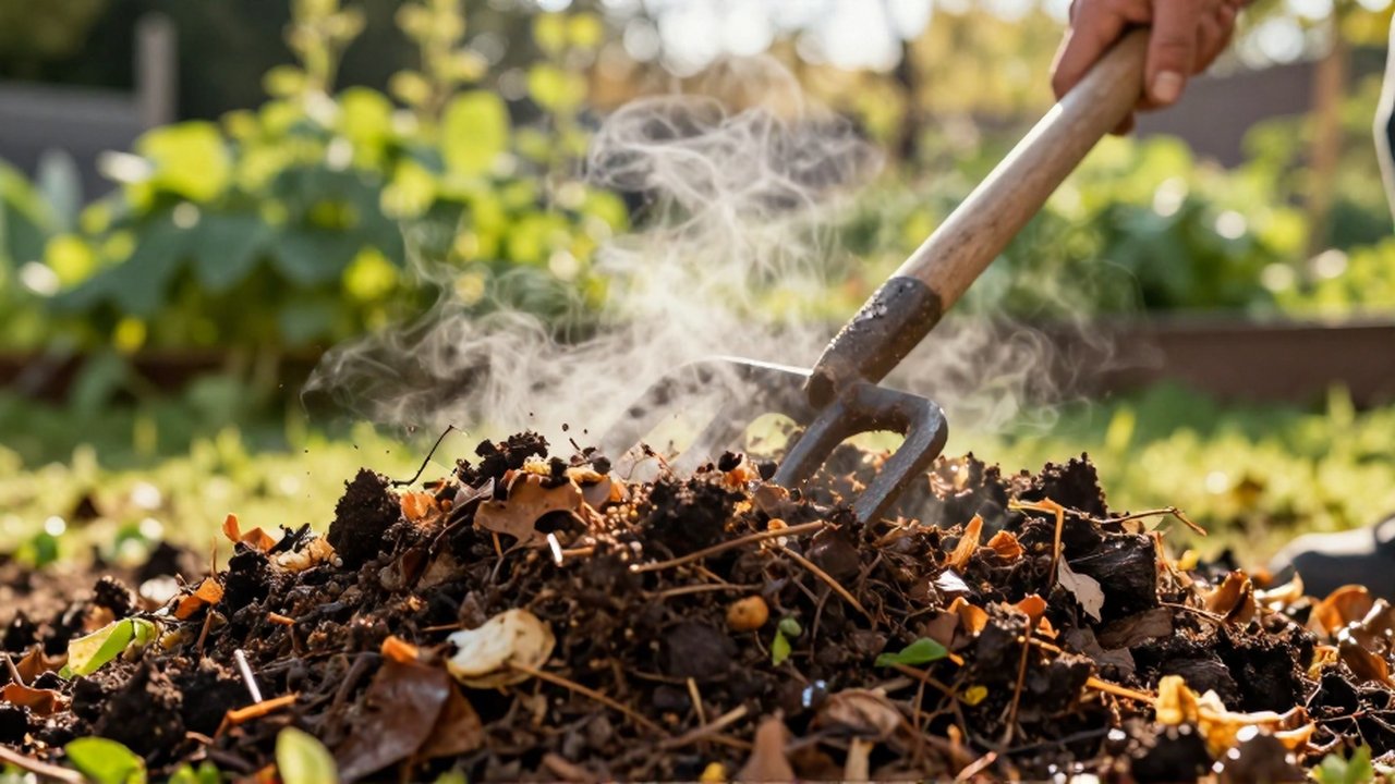 Manos de un jardinero removiendo con una horca de madera un montón de compost humeante.