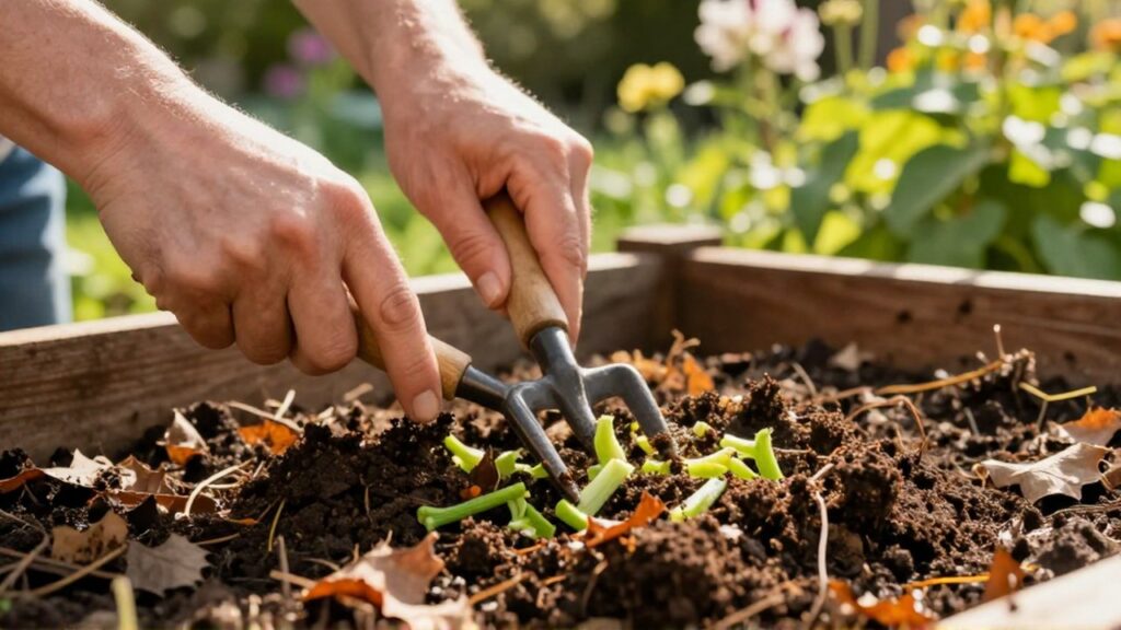 Unas manos usan una horca de jardín para airear una pila de compost con restos vegetales.