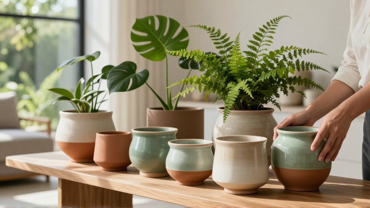 Una mano acomoda macetas de cerámica con plantas verdes sobre una mesa de madera.