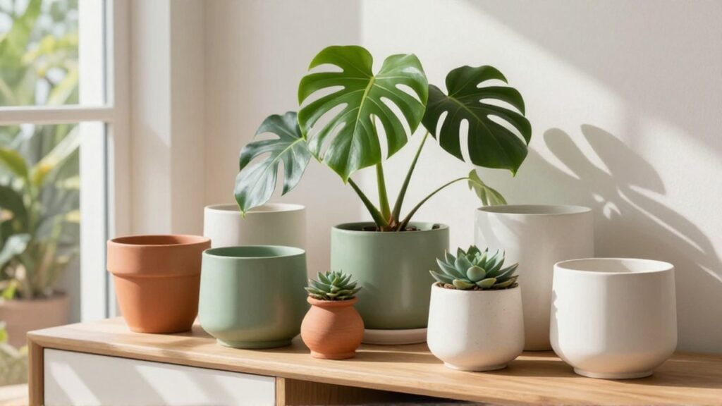 Variedad de macetas de cerámica con plantas sobre un aparador de madera en una sala iluminada.
