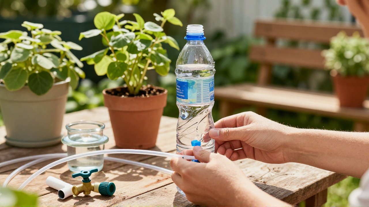 Manos ensamblando un sistema de riego por goteo casero con una botella reciclada en un jardín.