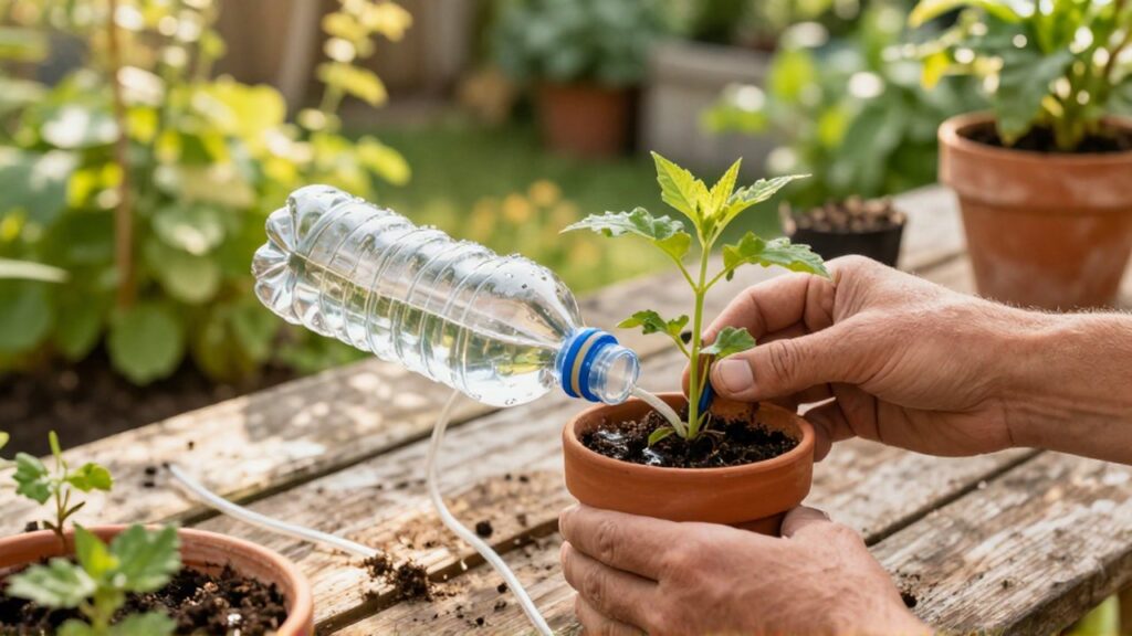 Unas manos ensamblan un sistema de riego casero con una botella y tubos para una planta.