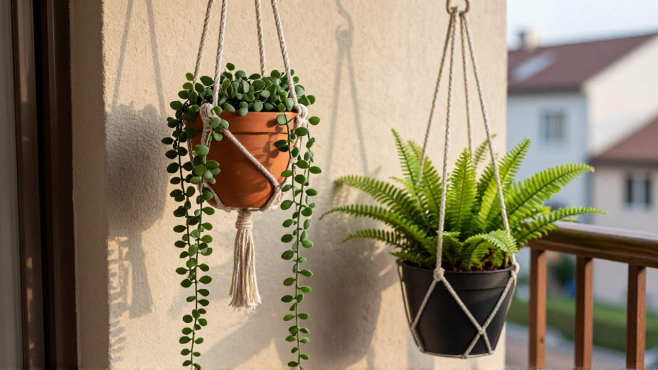 Diversas plantas colgantes en macetas de terracota y metal decoran una pequeña terraza urbana soleada.
