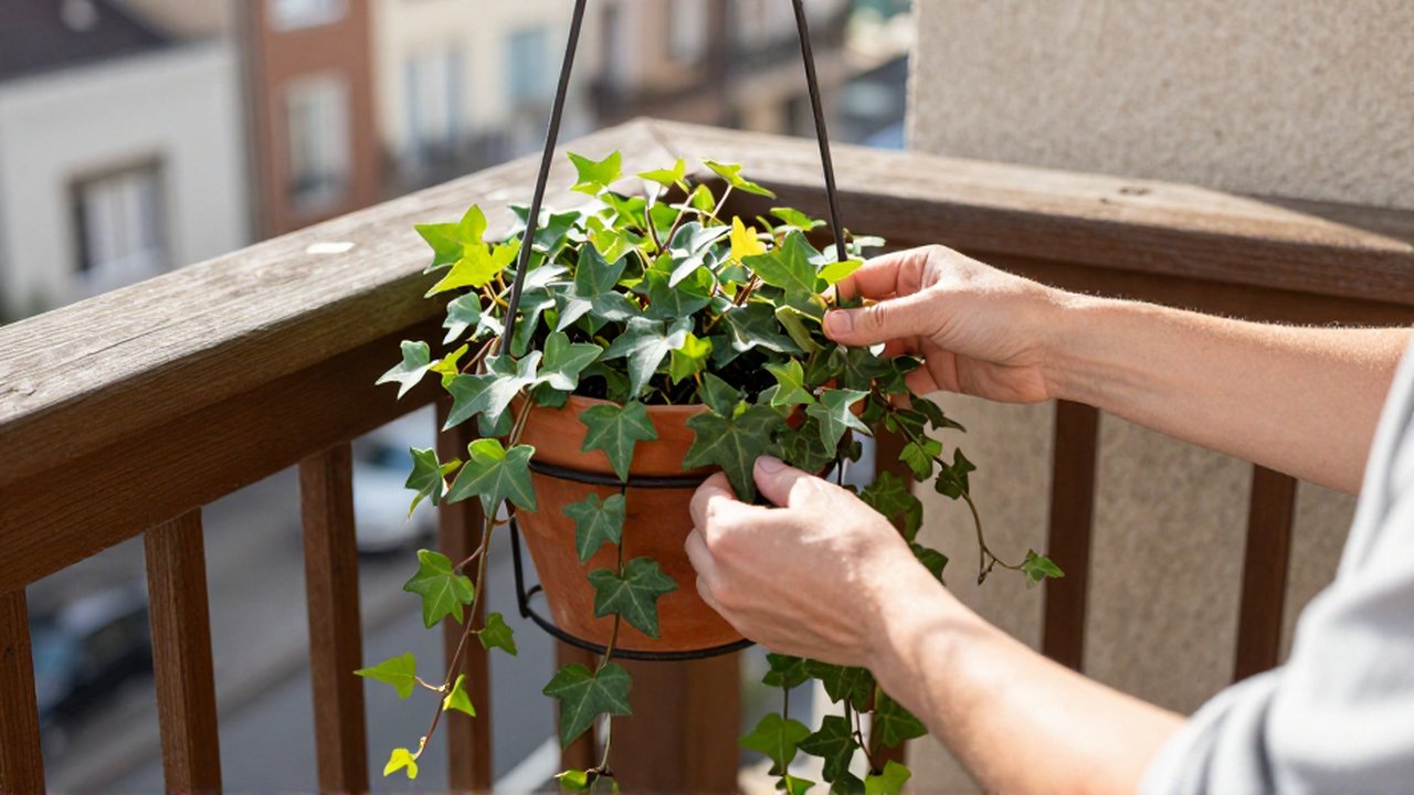 Manos acomodando una planta de hiedra colgante en una maceta de terracota en una terraza soleada.