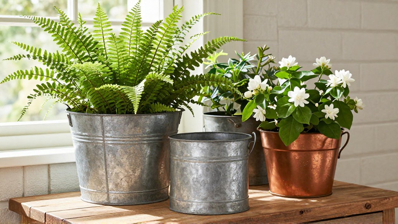 Plantas en macetas de metal vintage sobre un aparador de madera en un rincón iluminado.