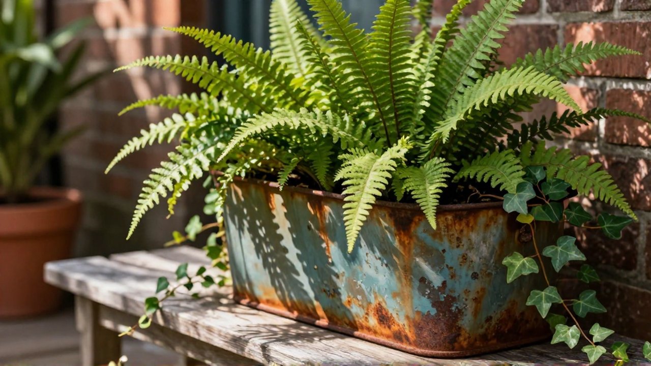 Maceta de metal oxidado con pintura verde azulada y plantas exuberantes sobre un banco de madera.