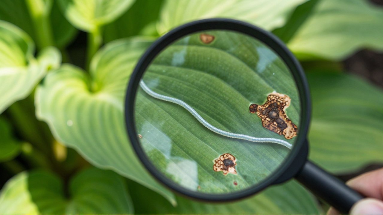 Primer plano de una hoja de hosta bajo una lupa que muestra túneles plateados de minadores y manchas marrones.