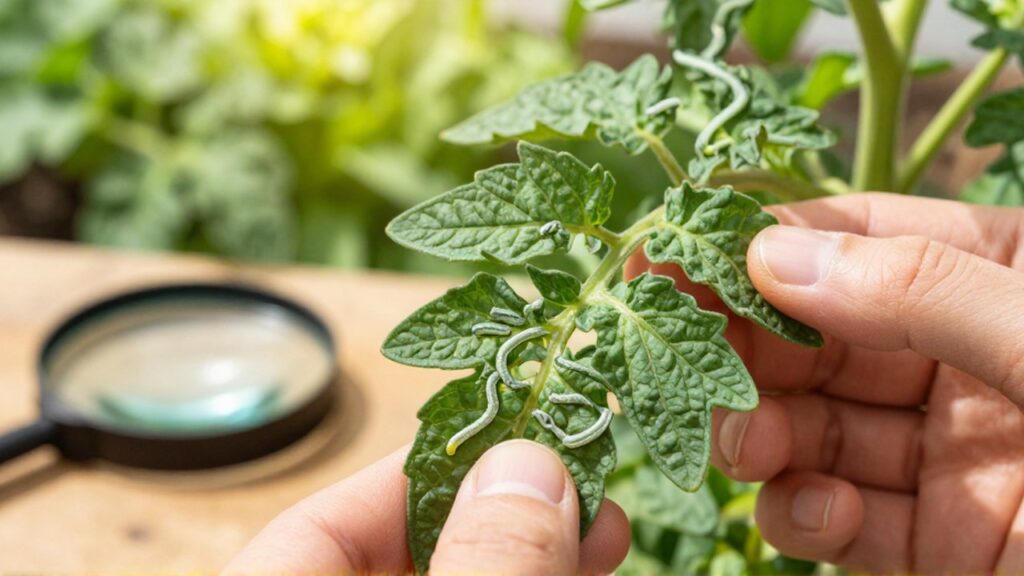 Unas manos sostienen una hoja de tomate para observar de cerca los túneles plateados causados por la minadora.