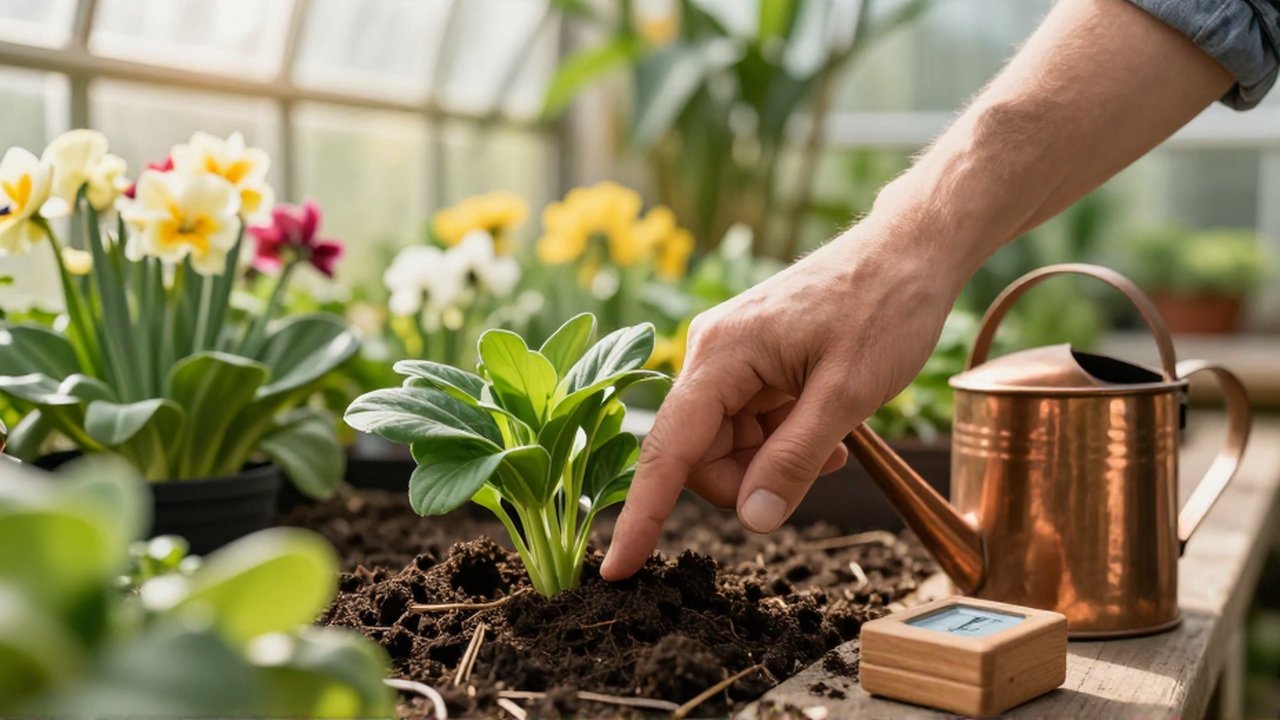 Una mano comprueba la humedad de la tierra de una planta en un invernadero soleado.