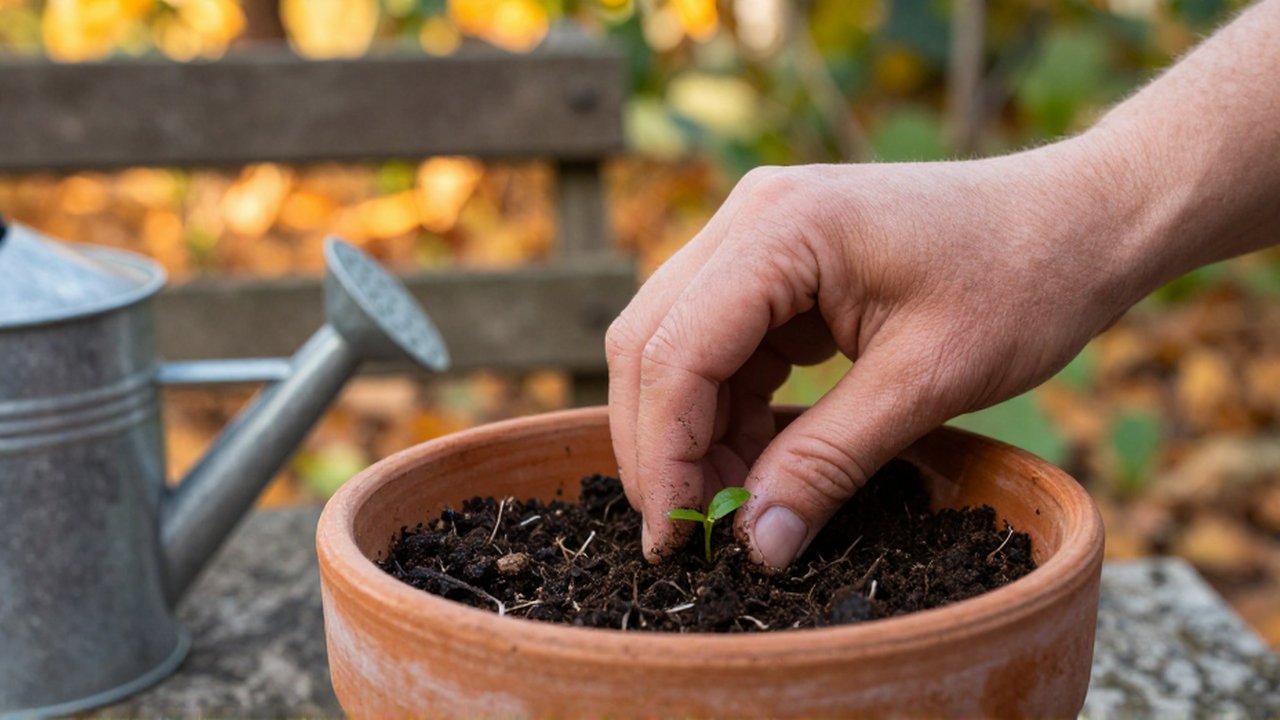 Manos de un jardinero comprobando la humedad de la tierra en una maceta con un pequeño brote.