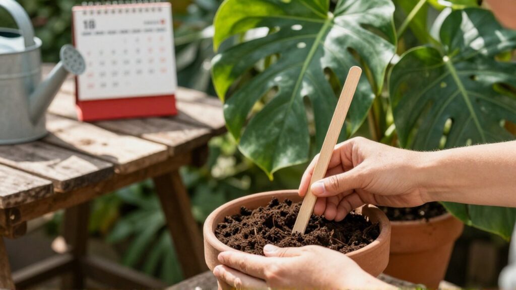 Manos de un jardinero miden la humedad de la tierra en una planta Monstera.