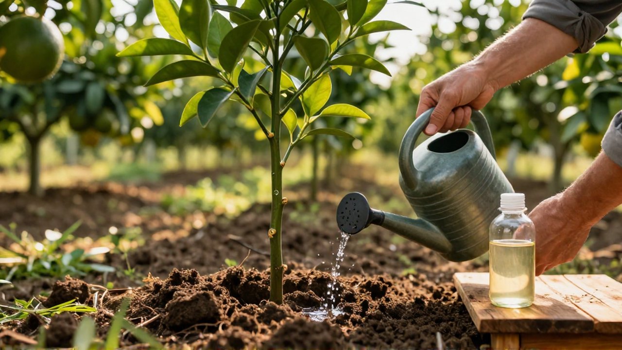 Manos de un jardinero aplicando fertilizante líquido a la base de un pequeño cítrico en un huerto.