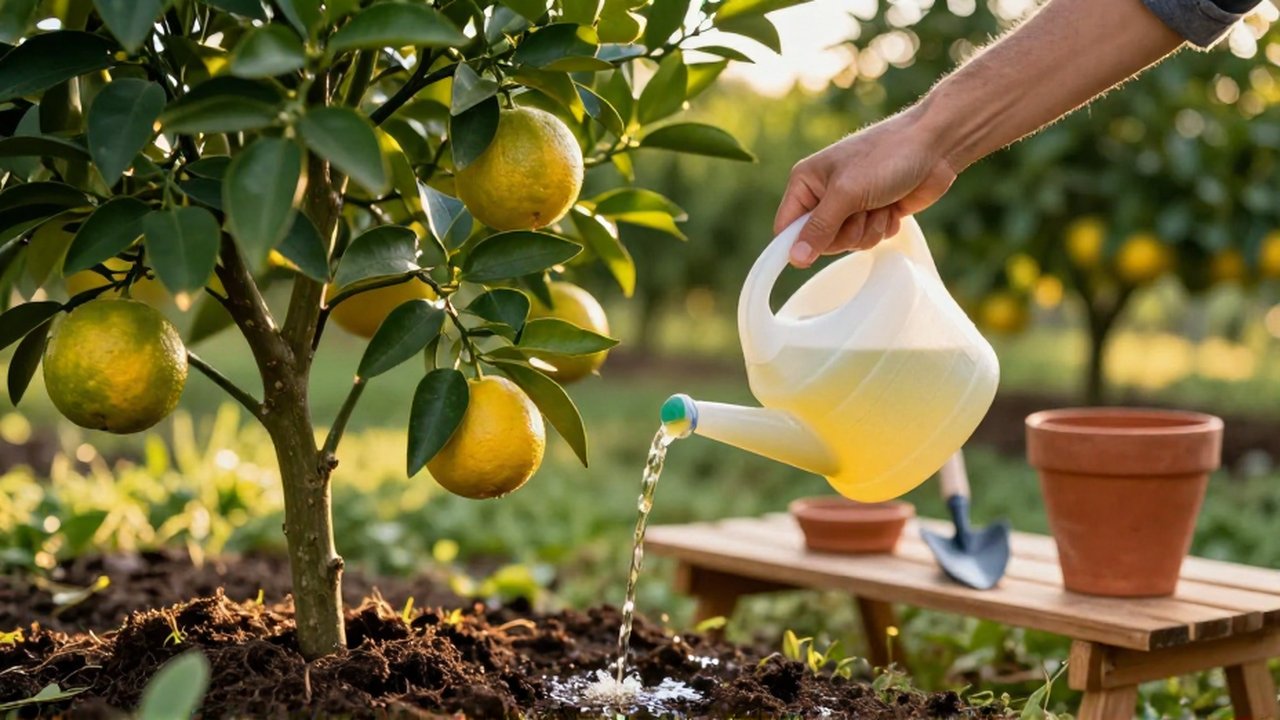 Manos de un jardinero vertiendo fertilizante líquido sobre la base de un cítrico.