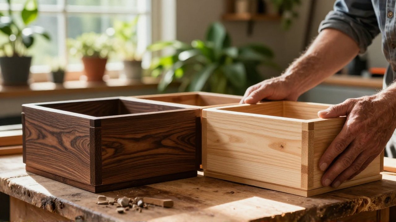 Manos de carpintero comparan la textura de dos cajas de madera sobre un banco de trabajo.