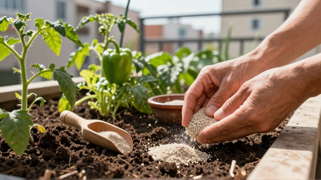 Manos esparciendo fertilizante orgánico granulado sobre la tierra de un huerto urbano con plantas verdes.