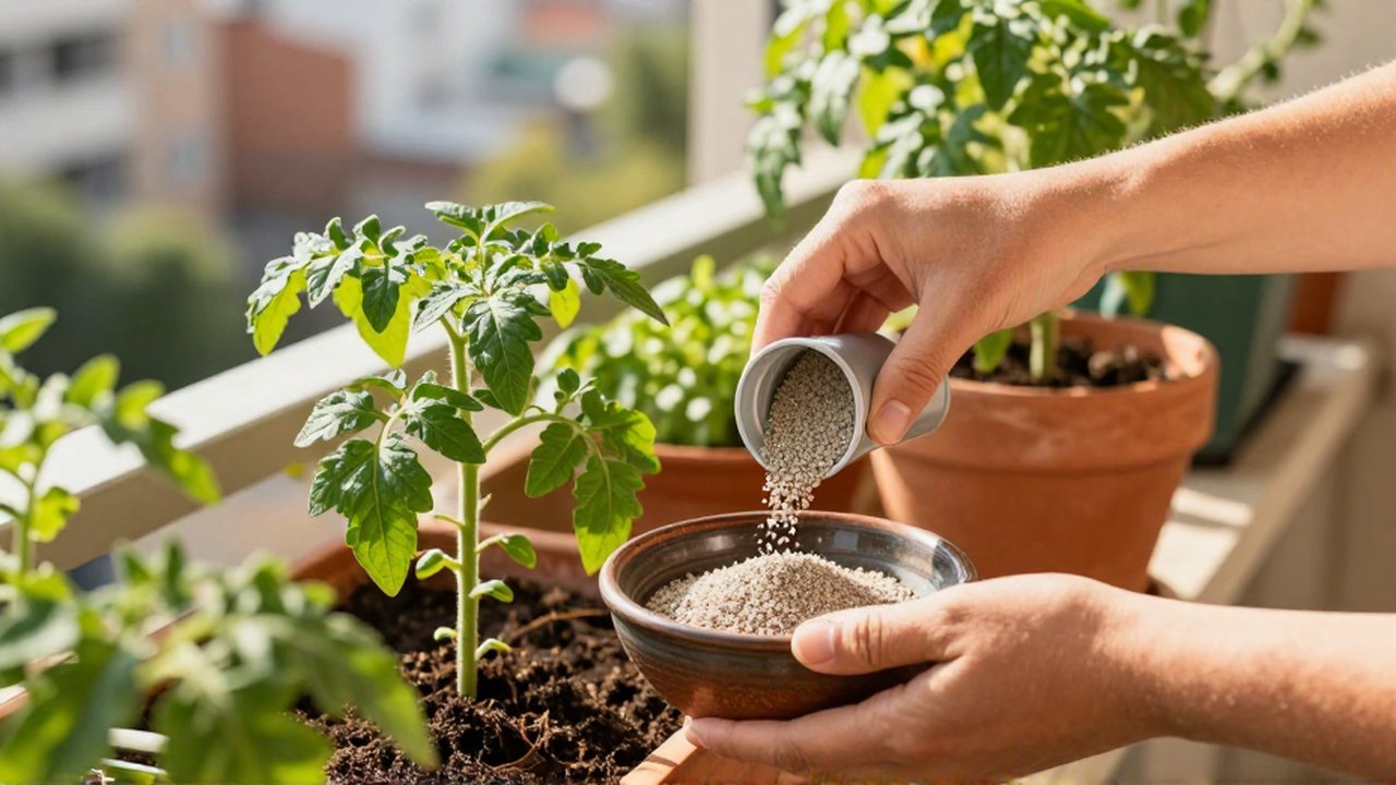 Manos vertiendo fertilizante granular en una regadera frente a plantas de tomate en un balcón soleado.