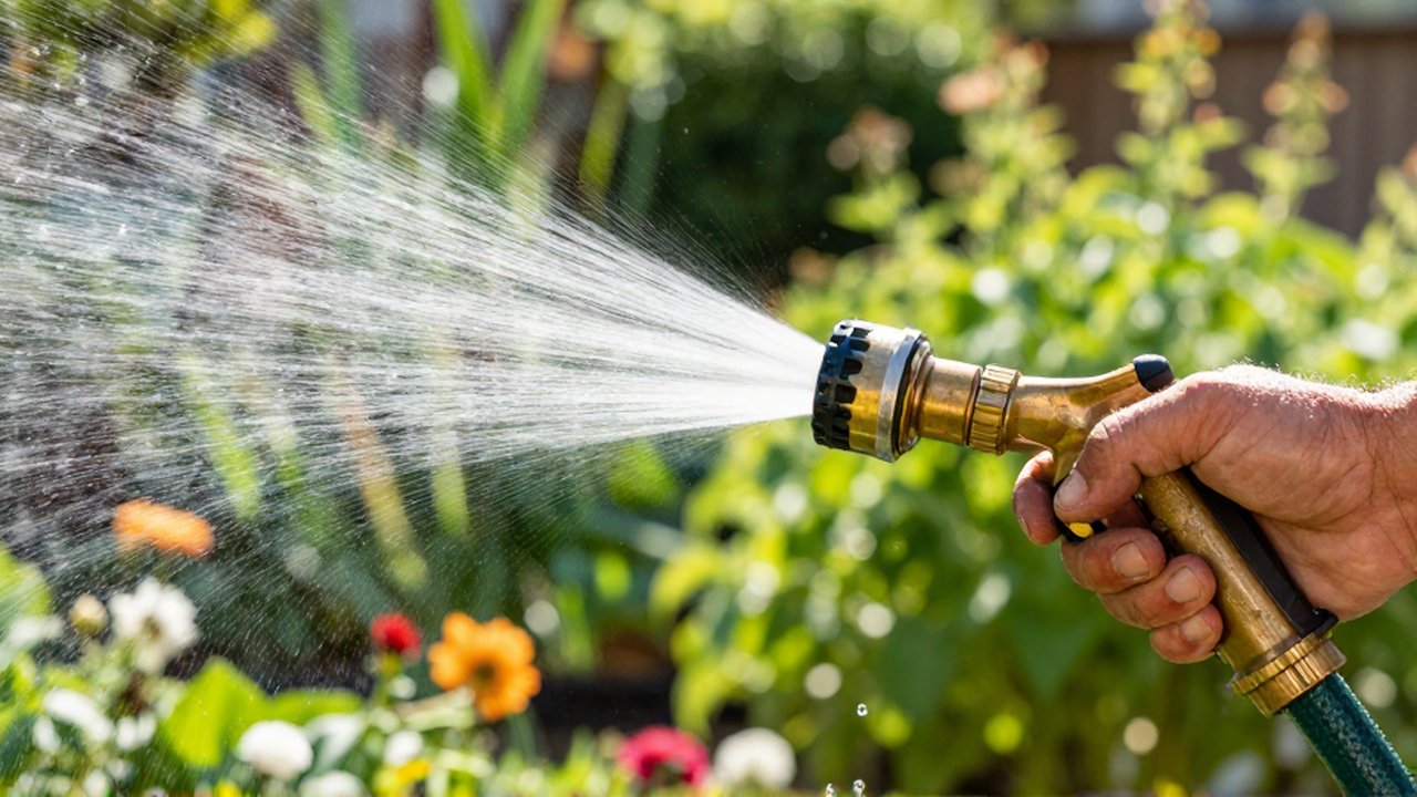 Manos con textura sostienen una manguera de jardín con un chorro de agua constante y potente entre plantas.
