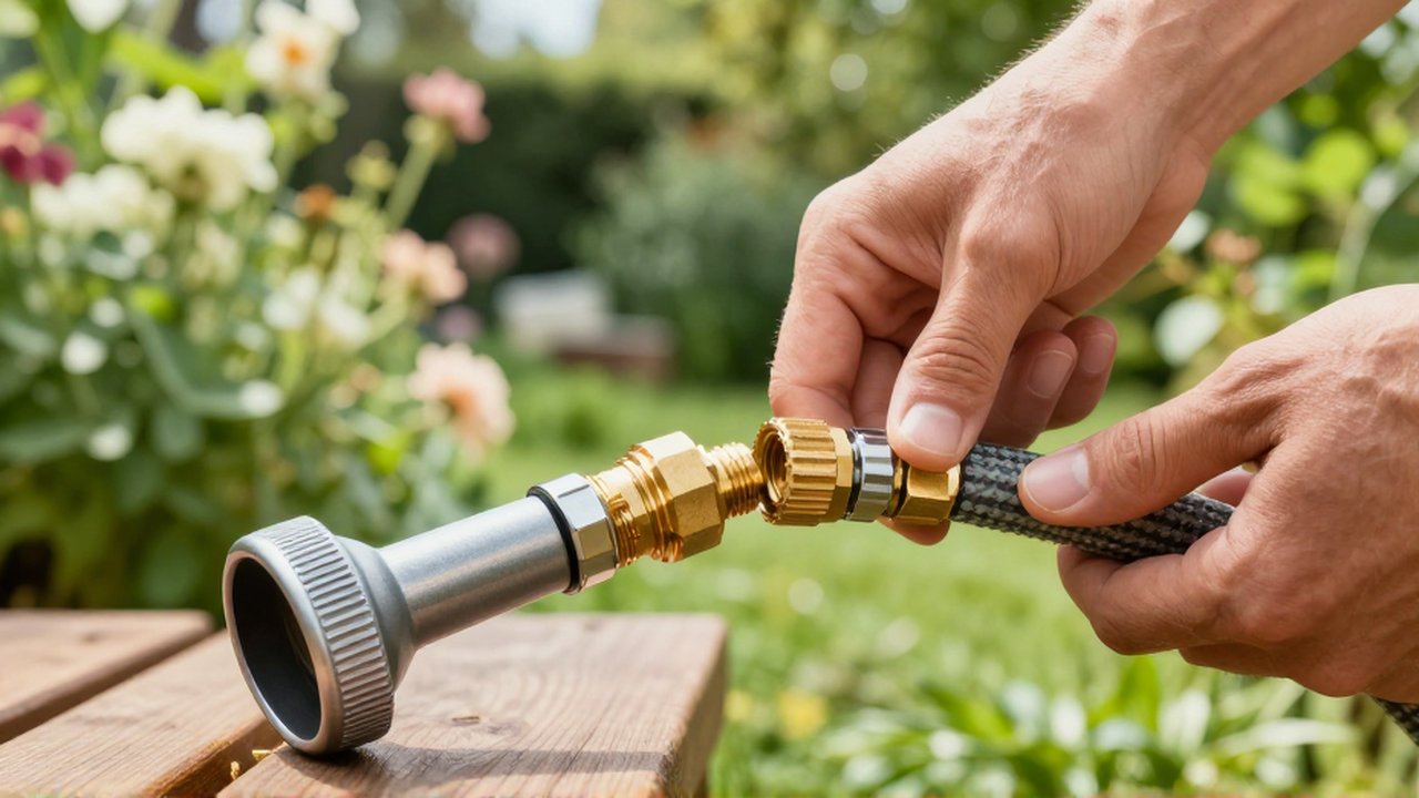 Unas manos conectan un accesorio de latón a una manguera de jardín en un entorno exterior soleado.