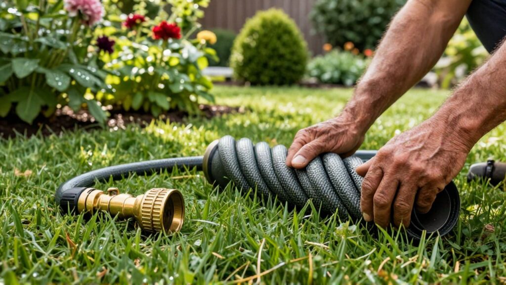 Manos de un jardinero desenrollando una manguera reforzada sobre un césped verde y soleado.