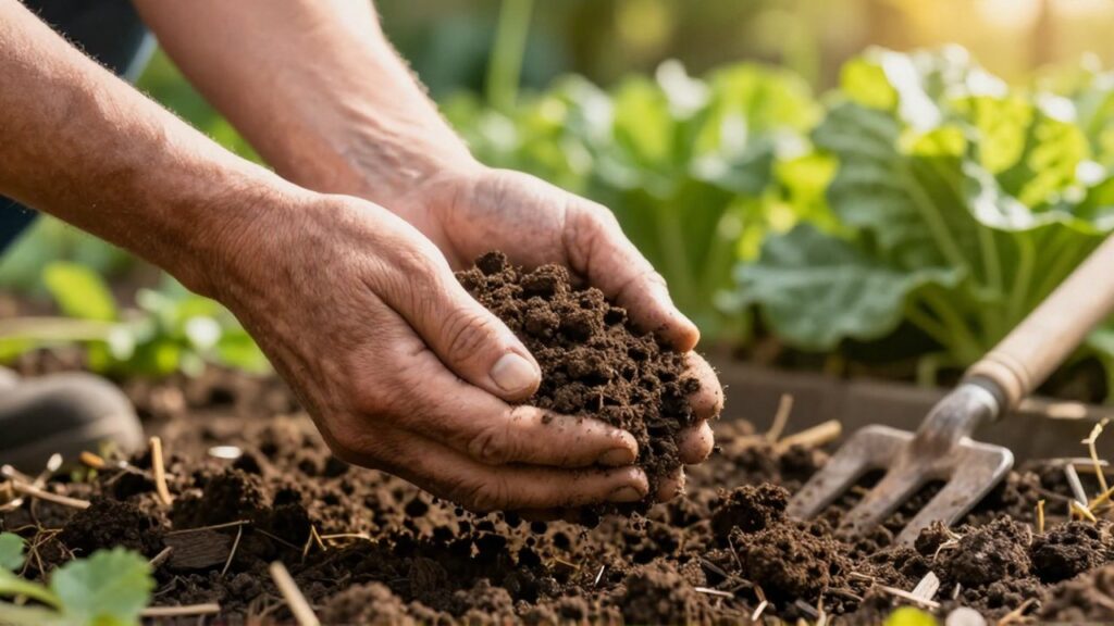 Unas manos de jardinero sostienen tierra orgánica oscura y porosa en un huerto soleado.