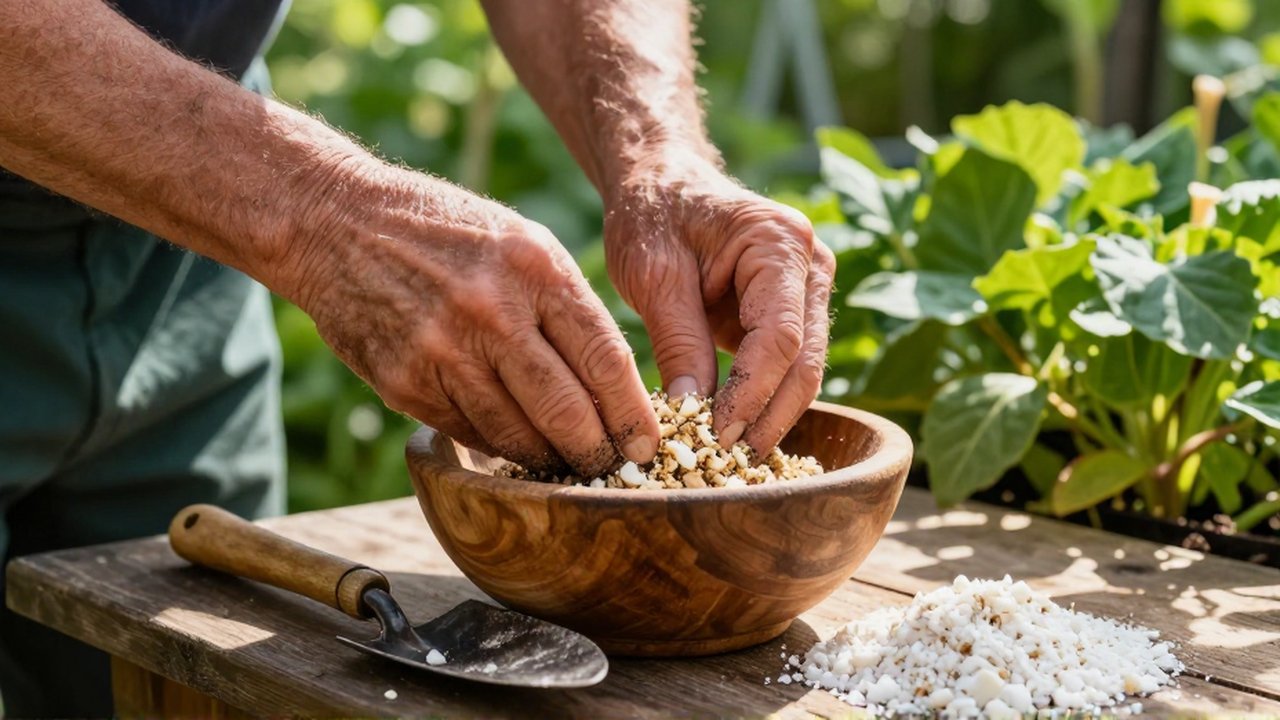 Manos de un jardinero mezclan con cuidado harina de hueso y compost en un cuenco de madera.