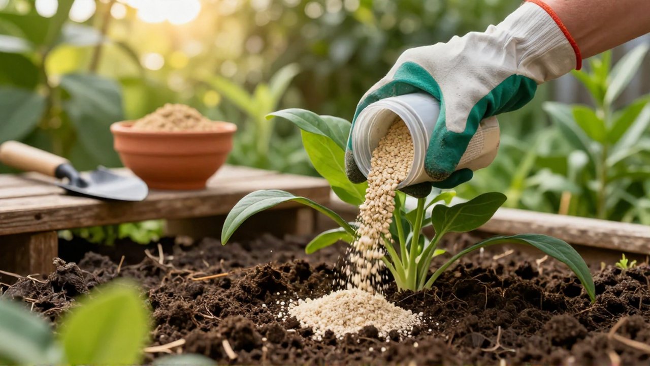 Unas manos con guantes esparcen fertilizante orgánico granulado alrededor de la base de una planta verde.