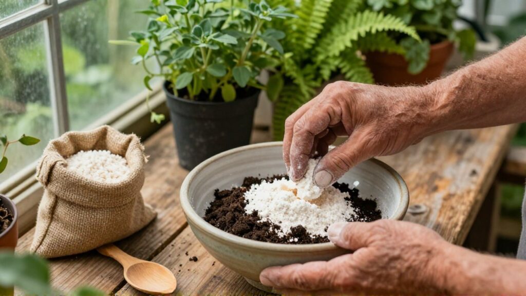 Manos de jardinero mezclando harina de hueso con compost en un cuenco sobre un banco de madera.