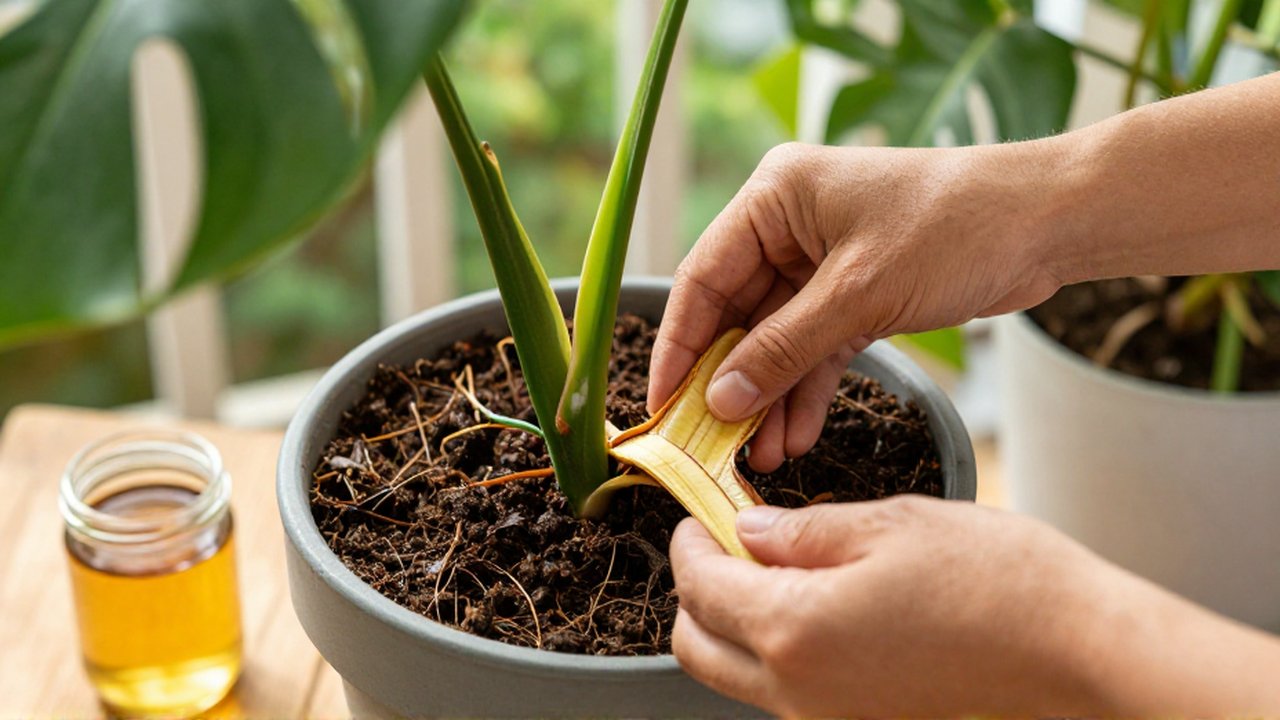 Manos de un jardinero inspeccionan trozos de cáscara de plátano mal colocados sobre la tierra de una monstera.