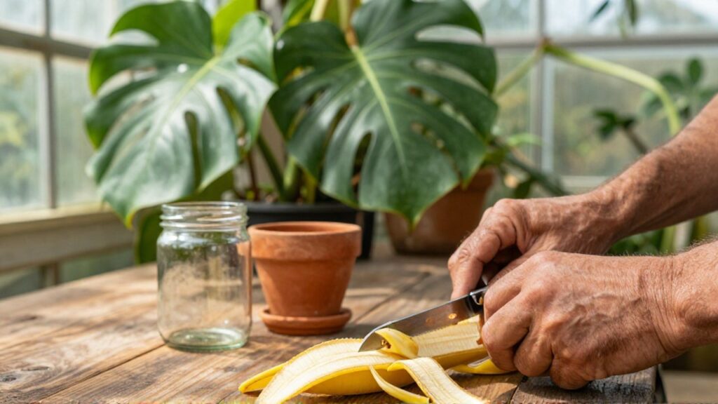Manos de jardinero cortando cáscaras de plátano sobre una mesa de madera frente a una monstera.