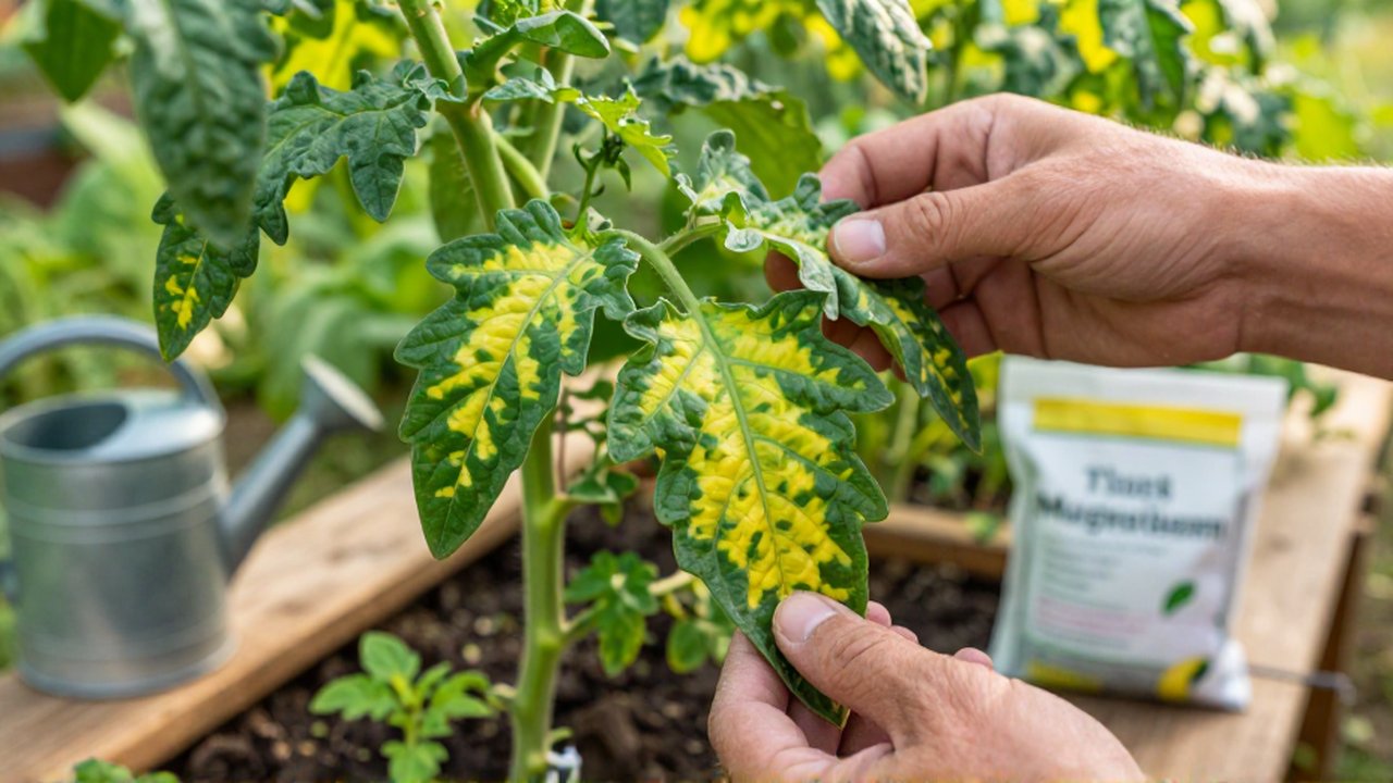 Manos de un jardinero inspeccionan hojas de tomate con clorosis intervénica en un huerto soleado.