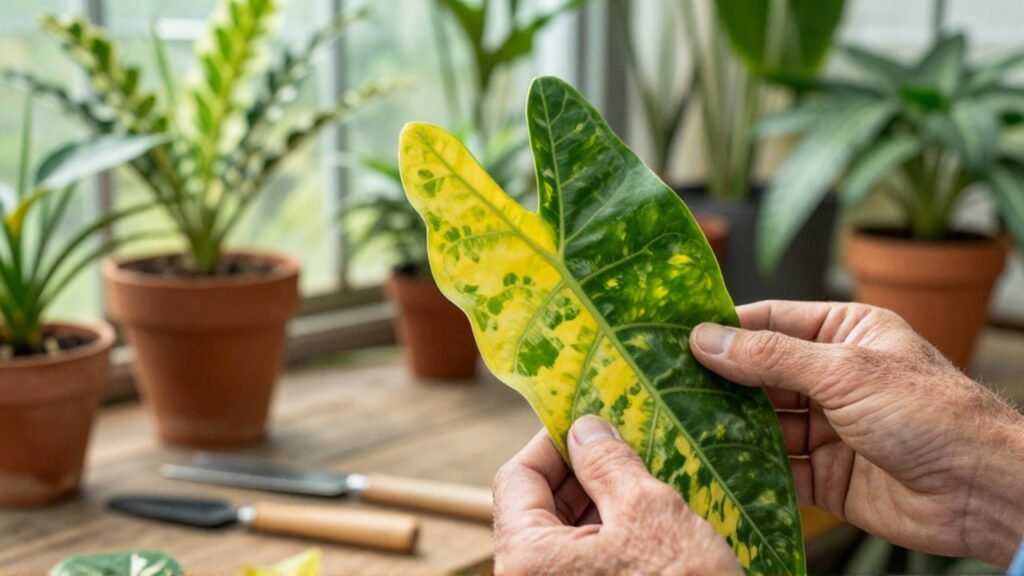 Manos de jardinero inspeccionan una hoja con clorosis intervinal en un invernadero iluminado.