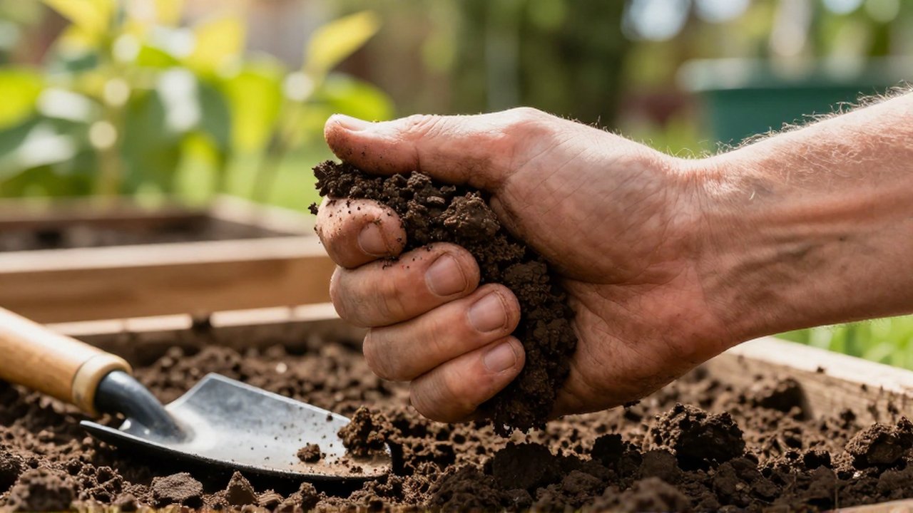 Manos de jardinero apretando un terrón de tierra húmeda para probar su textura en un jardín.