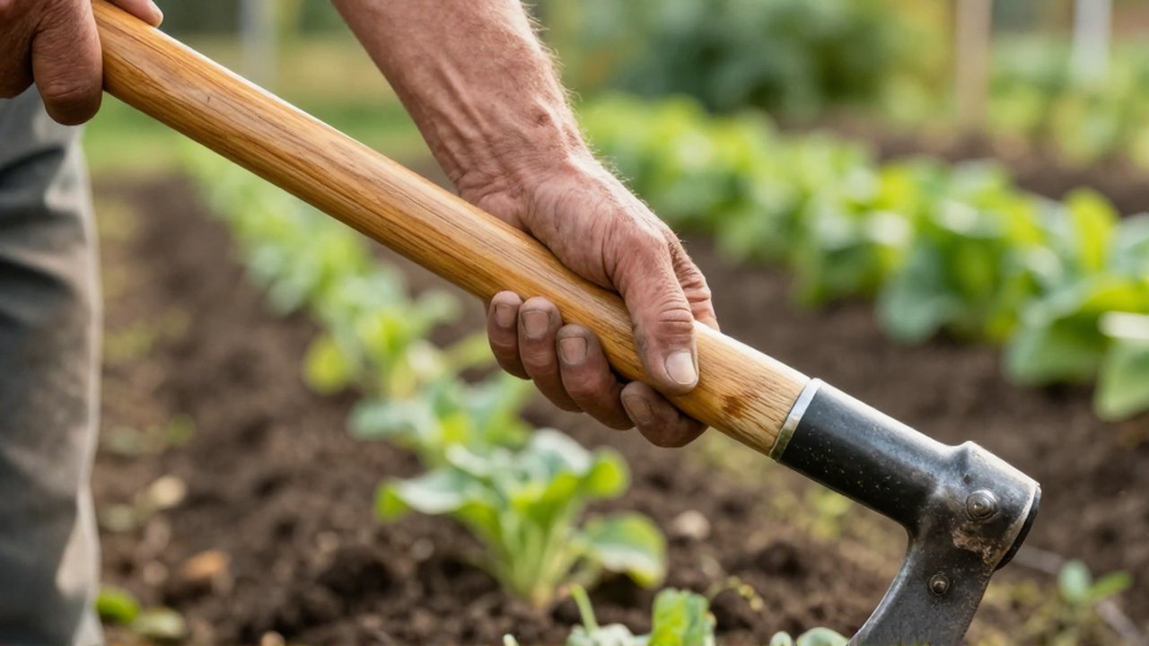 Manos de jardinero sujetando con firmeza el mango de madera de una azada en un huerto.