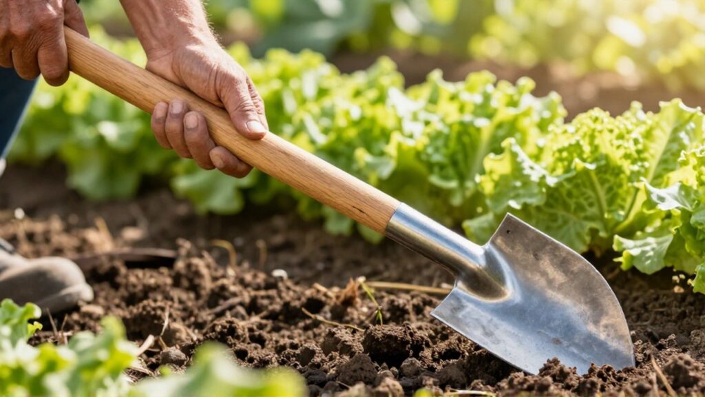 Manos de un jardinero sostienen una azada de acero y madera en un huerto soleado.
