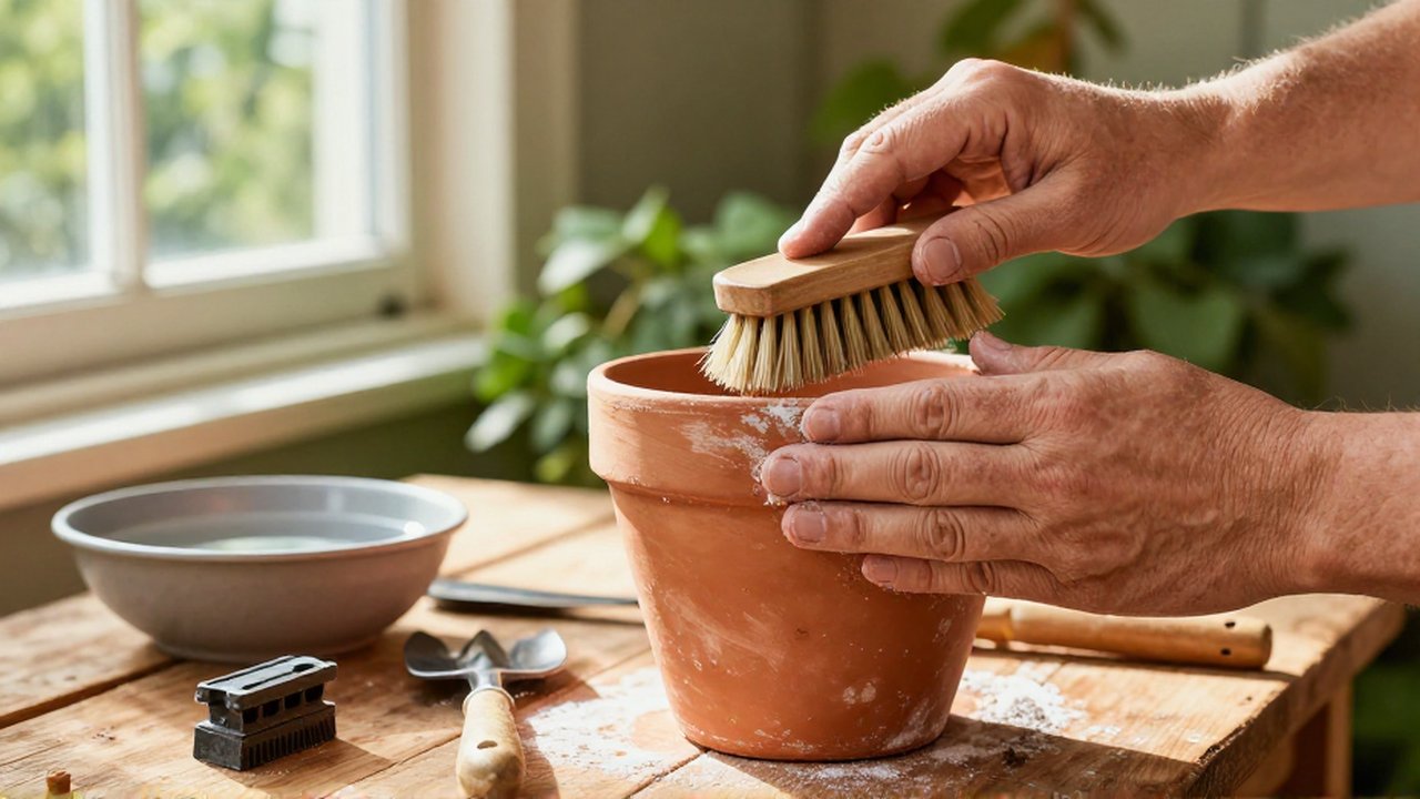 Manos lavan con un cepillo una maceta de terracota sobre un banco de madera.