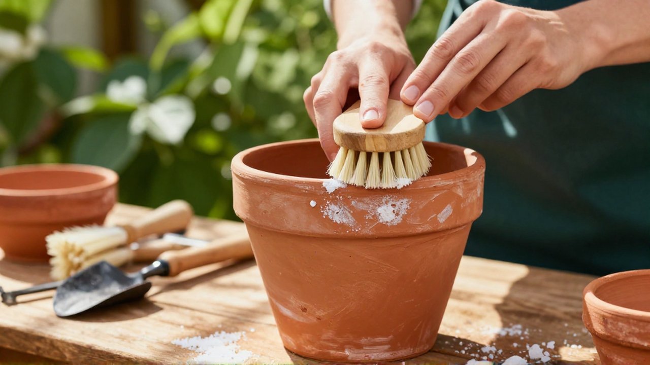 Manos cepillando depósitos de sal sobre una maceta de terracota en un banco de madera.