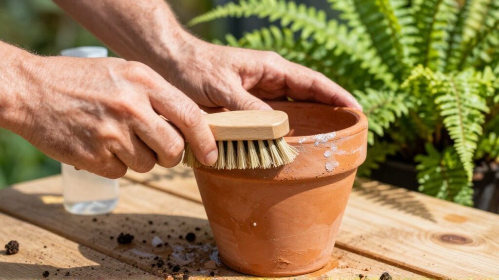 Manos de jardinero limpiando depósitos minerales de una maceta de terracota con un cepillo.