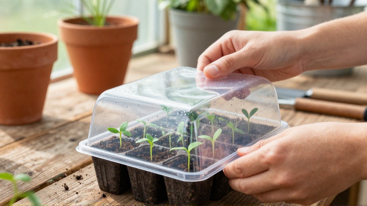 Unas manos colocan una cúpula de plástico sobre pequeños brotes verdes en un invernadero soleado.