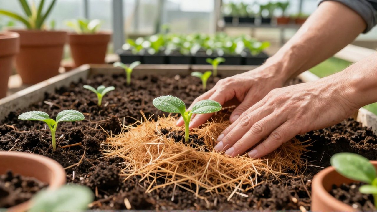 Manos de jardinero cubriendo un pequeño brote con mantillo de coco en un invernadero iluminado.