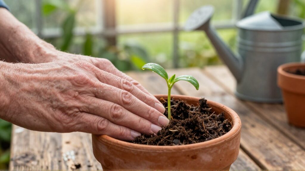 Unas manos de jardinero cubren con musgo húmedo un pequeño brote en una maceta de terracota.