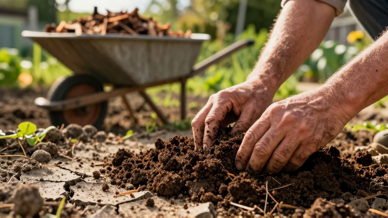 Manos de jardinero mezclan compost oscuro en tierra seca para revitalizar un jardín.