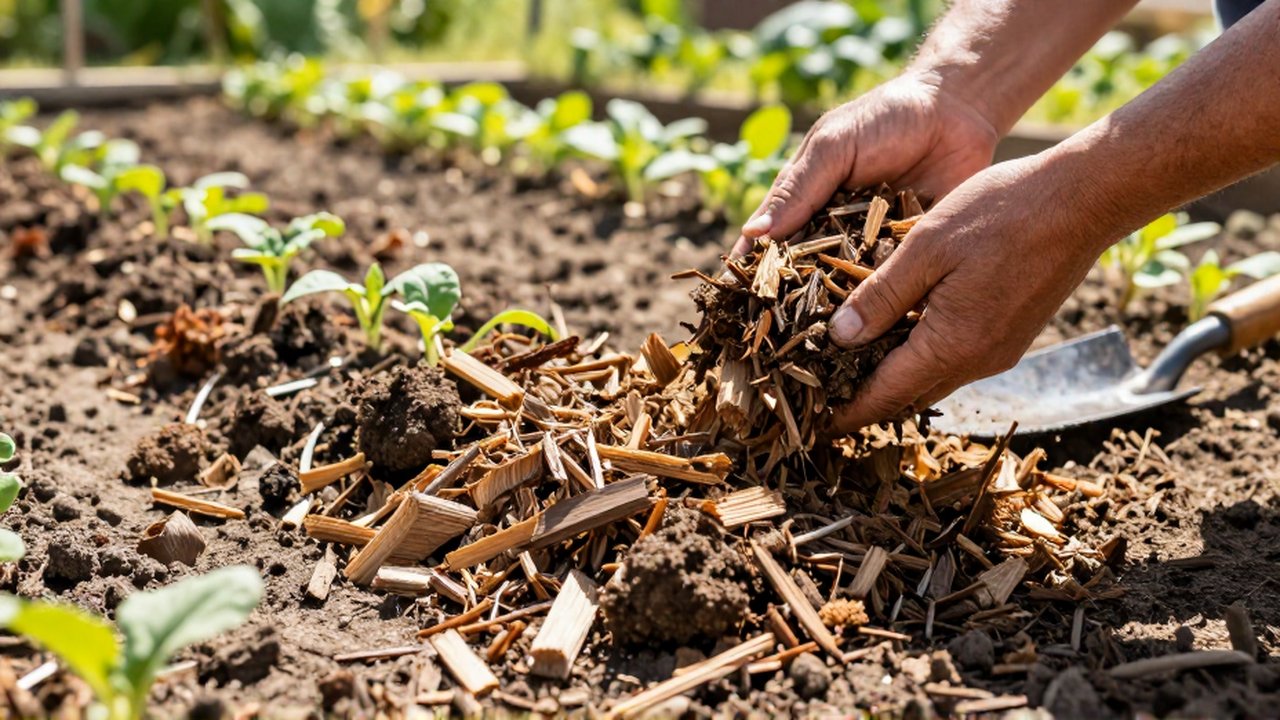 Manos de un jardinero cubriendo excesivamente con astillas y estiércol un lecho de plántulas.