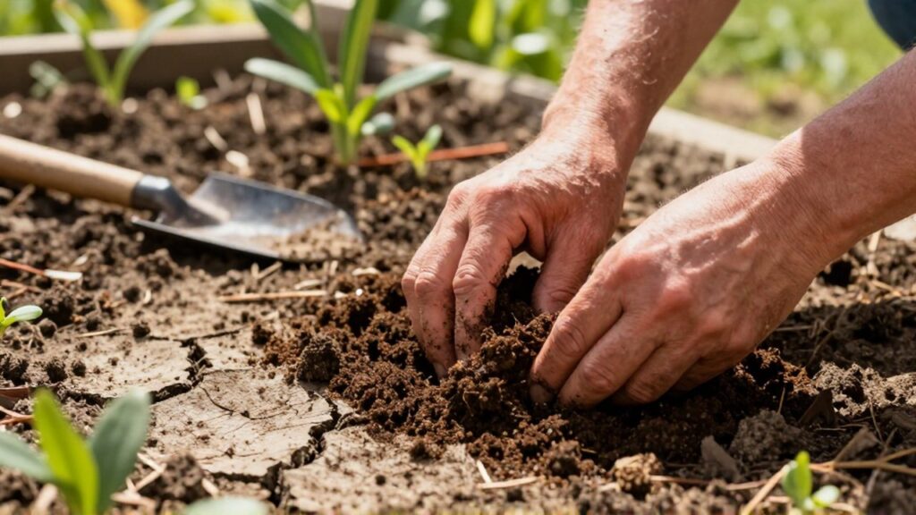 Manos de jardinero mezclando compost oscuro sobre tierra seca en un huerto soleado.